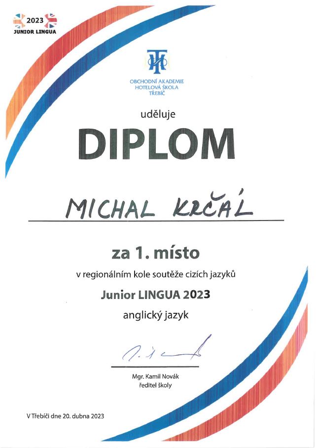 Diplom Michalu Krčálovi za první místo v regionálním kole soutěže cizích jazyků Junior LINGUA 2023